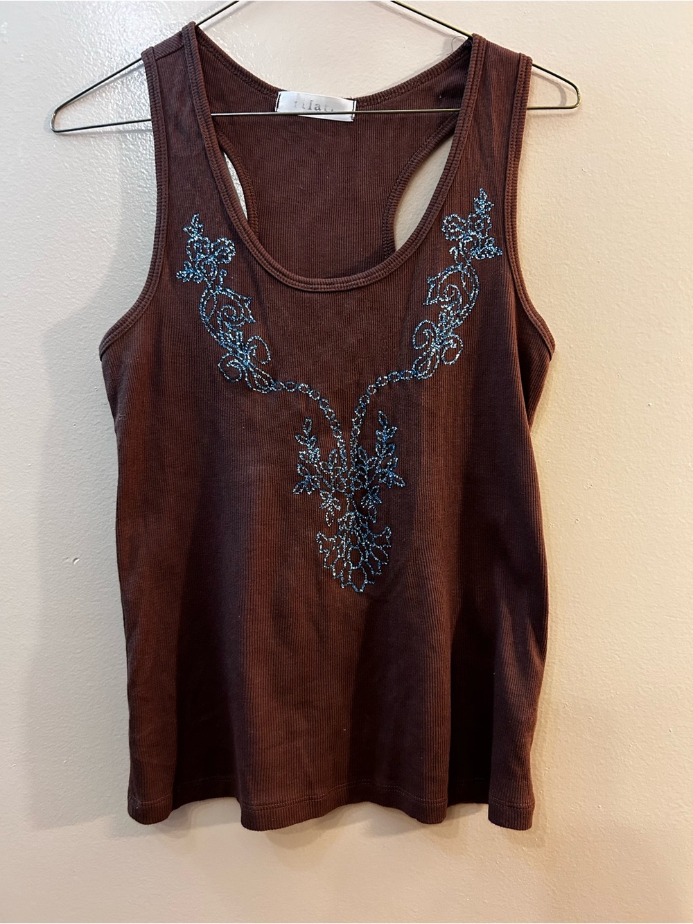 Filati Brown Tank Top with Blue Floral Embellishment